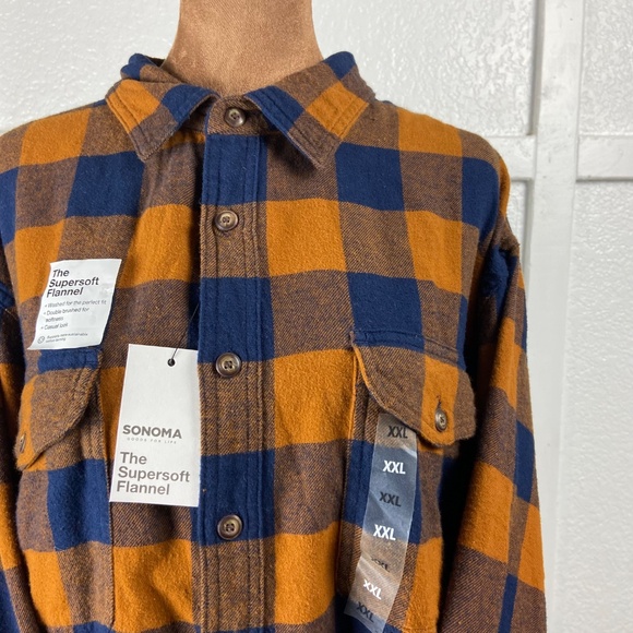 Sonoma The Super Soft Flannel Shirt XXL Orange Blue Plaid 100% Cotton NWT - Picture 2 of 8